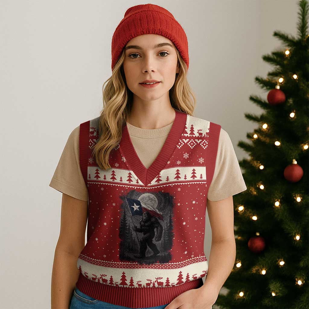 Bigfoot Texas V-Neck Knit Sweater Vest Forest Sasquatch Loves Rock On Hand Texas Flag TS10 Red Beige Print Your Wear