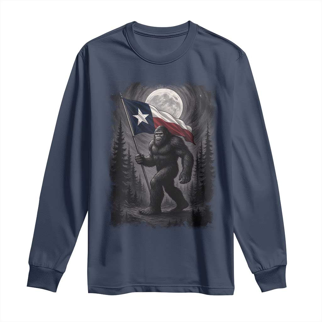 Bigfoot Texas Long Sleeve Shirt Forest Sasquatch Loves Rock On Hand Texas Flag TS10 Navy Print Your Wear