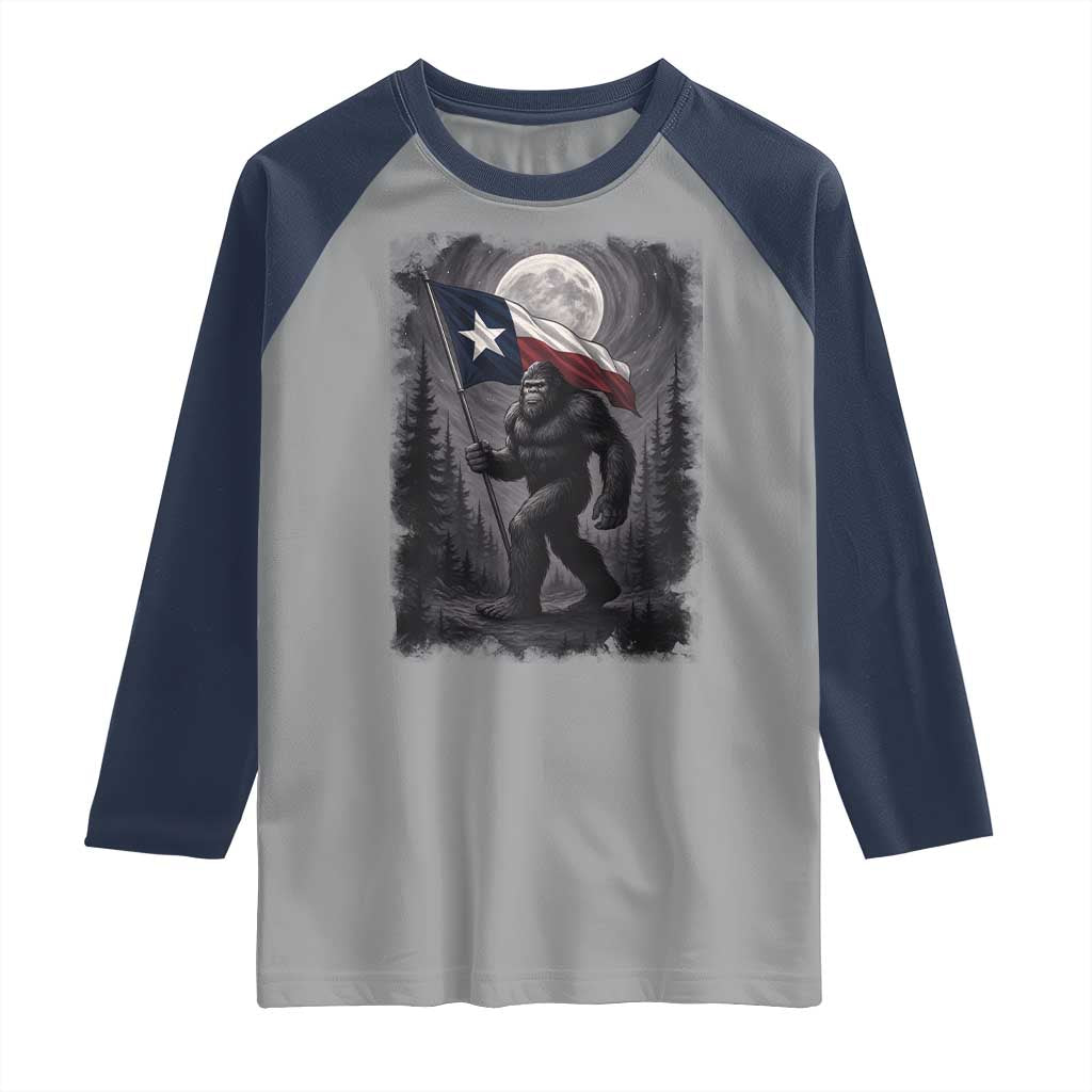 Bigfoot Texas Raglan Shirt Forest Sasquatch Loves Rock On Hand Texas Flag TS10 Sport Gray Navy Print Your Wear