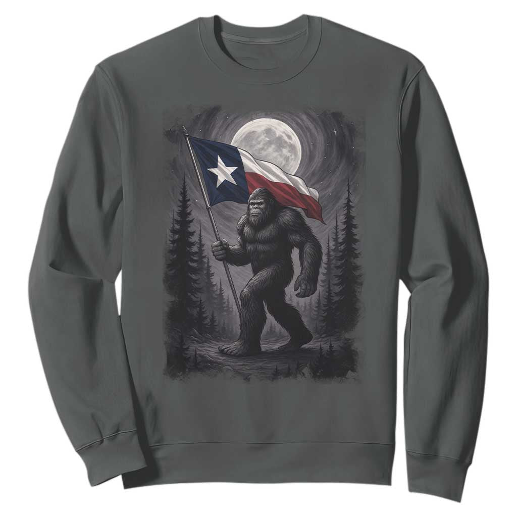 Bigfoot Texas Sweatshirt Forest Sasquatch Loves Rock On Hand Texas Flag TS10 Dark Heather Print Your Wear