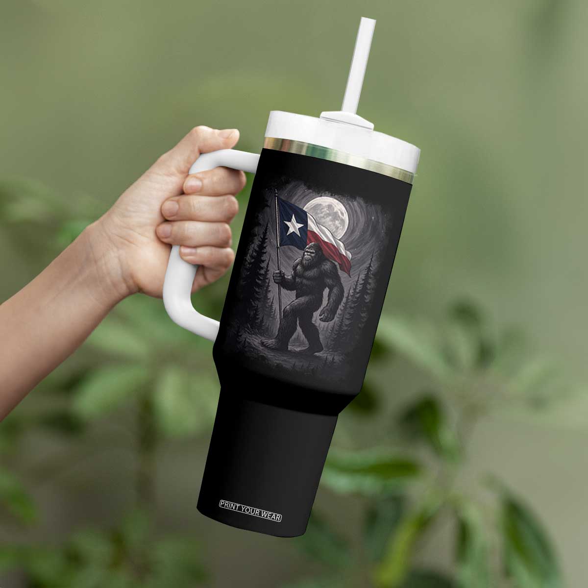 Bigfoot Texas Tumbler With Handle Forest Sasquatch Loves Rock On Hand Texas Flag TS10 Print Your Wear