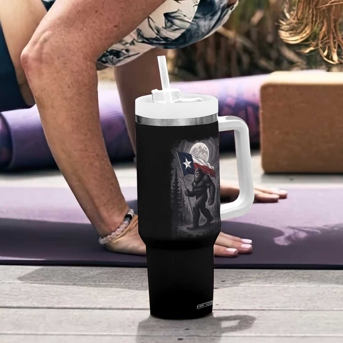 Bigfoot Texas Tumbler With Handle Forest Sasquatch Loves Rock On Hand Texas Flag TS10 Print Your Wear