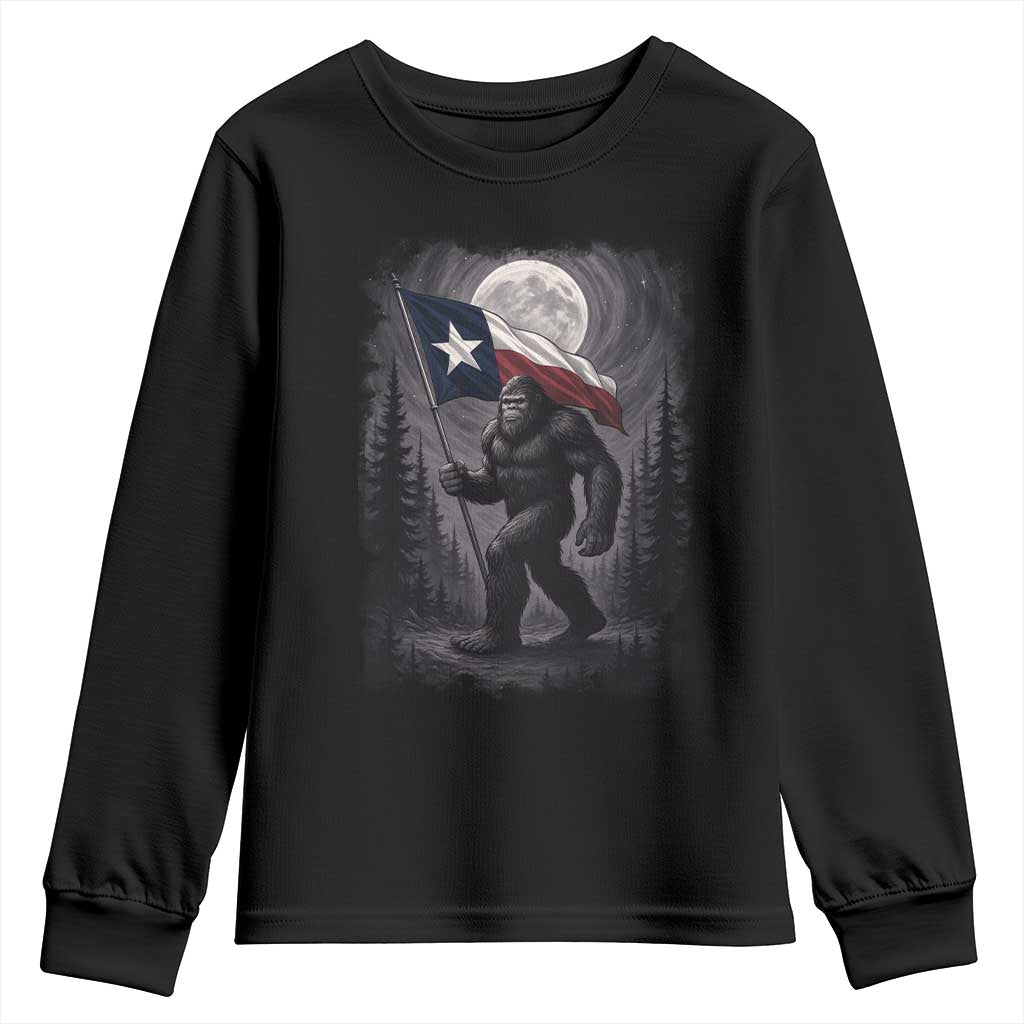 Bigfoot Texas Youth Sweatshirt Forest Sasquatch Loves Rock On Hand Texas Flag TS10 Black Print Your Wear