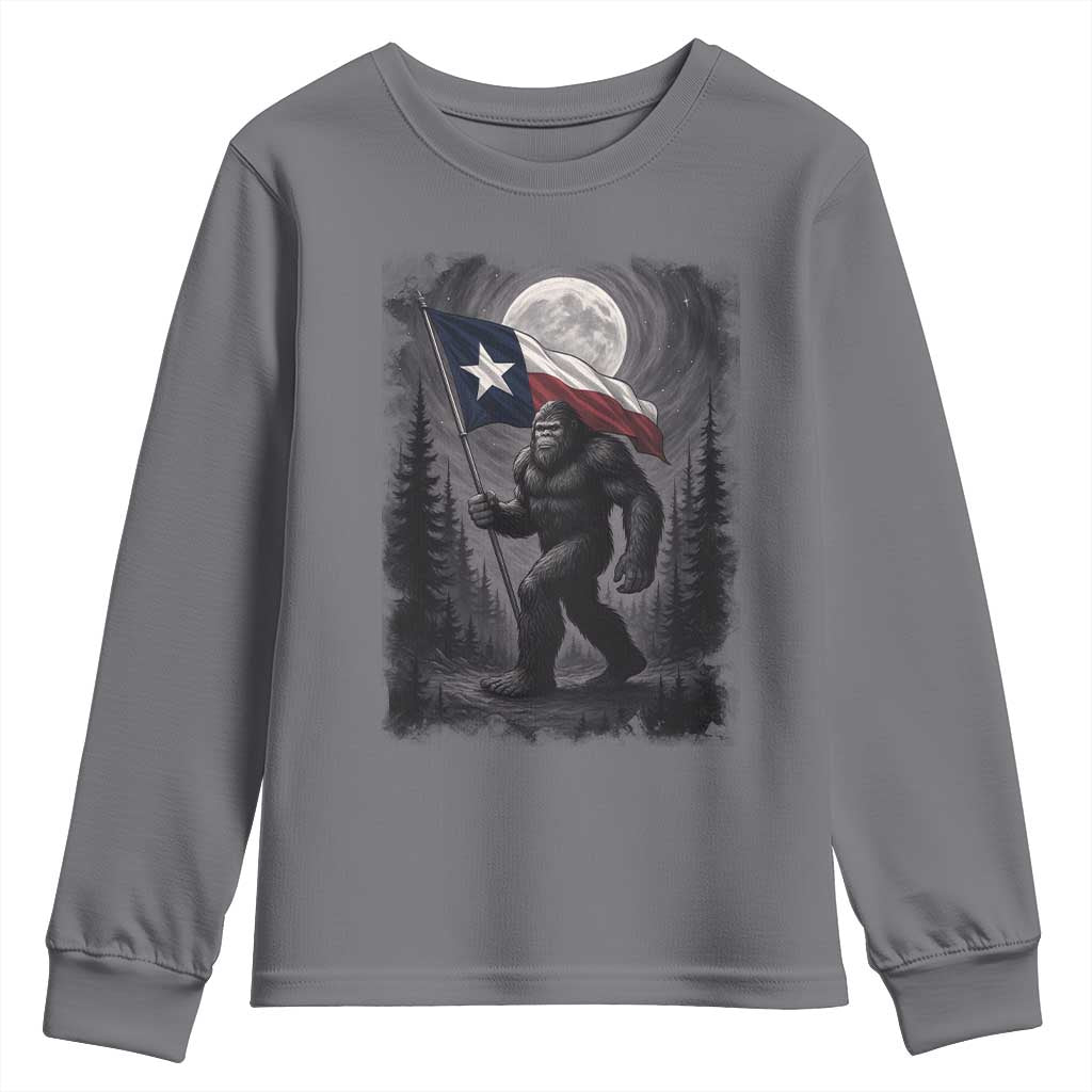 Bigfoot Texas Youth Sweatshirt Forest Sasquatch Loves Rock On Hand Texas Flag TS10 Charcoal Print Your Wear