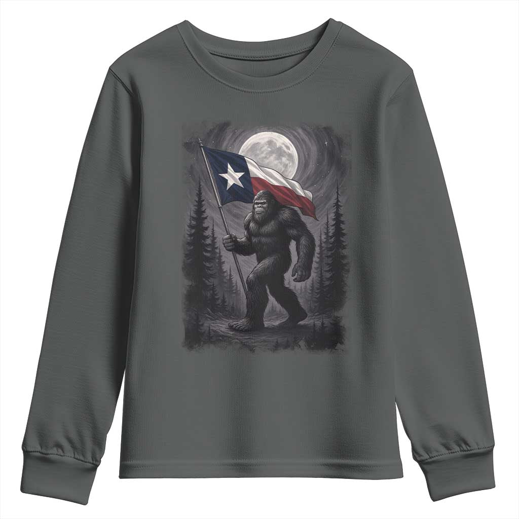Bigfoot Texas Youth Sweatshirt Forest Sasquatch Loves Rock On Hand Texas Flag TS10 Dark Heather Print Your Wear