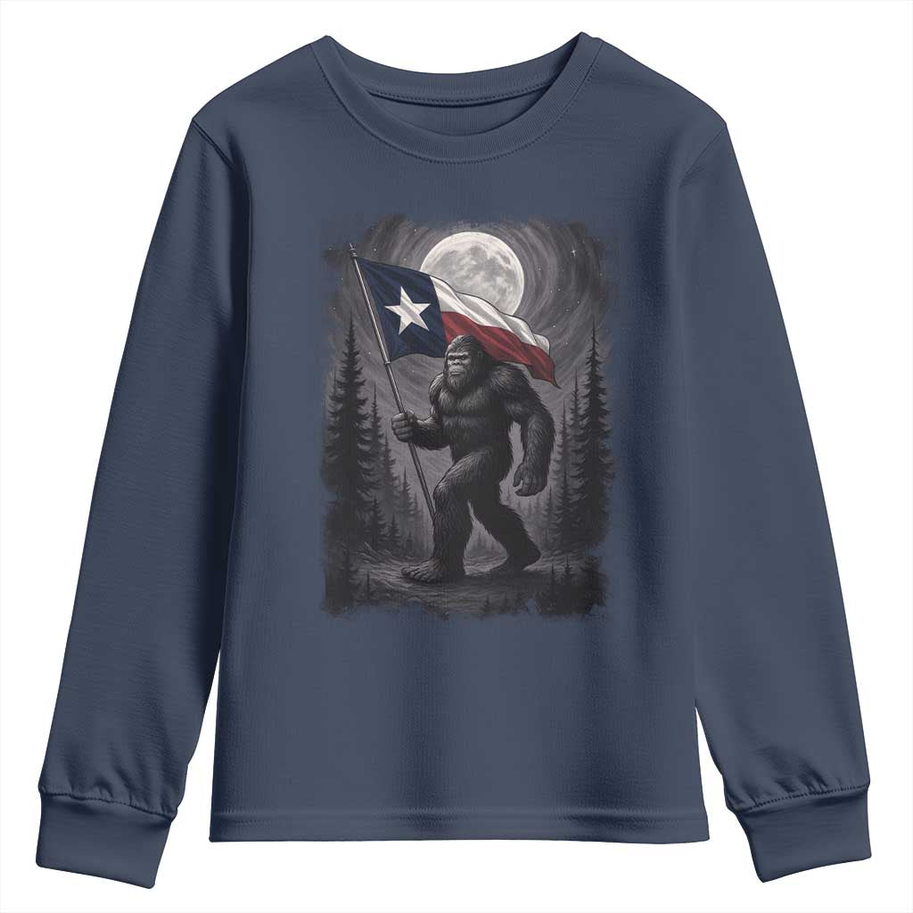 Bigfoot Texas Youth Sweatshirt Forest Sasquatch Loves Rock On Hand Texas Flag TS10 Navy Print Your Wear