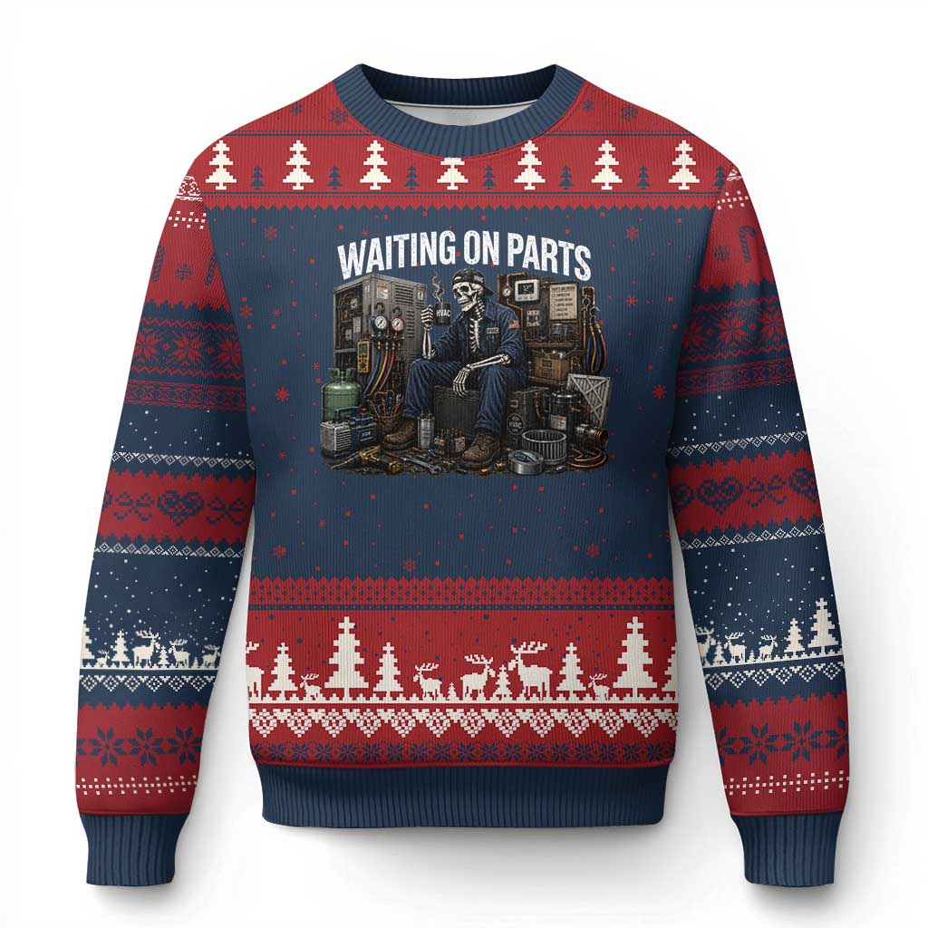 Waiting On Parts HVAC Tech Skeleton Funny Mechanic Graphic Ugly Christmas Sweater