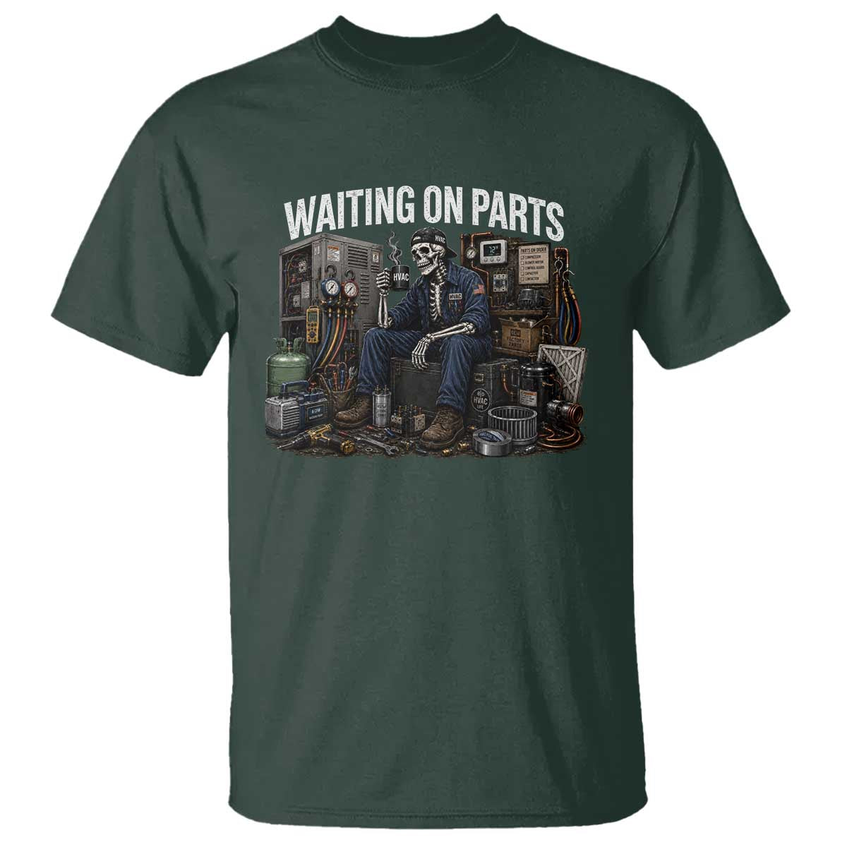 Waiting On Parts HVAC Tech Skeleton Funny Mechanic Graphic T Shirt