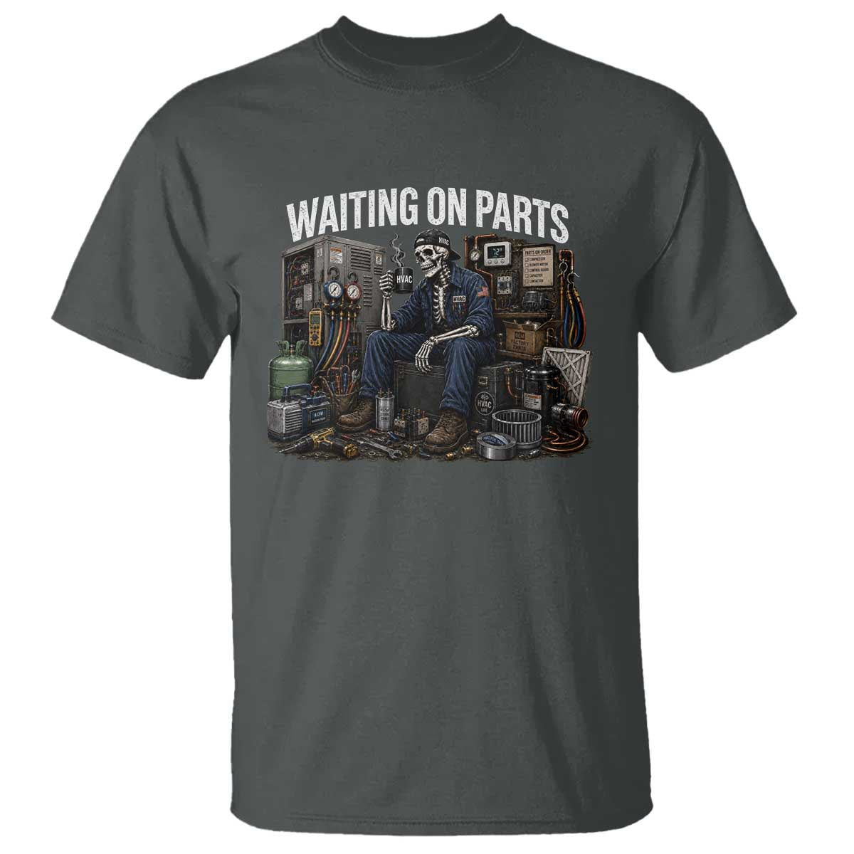 Waiting On Parts HVAC Tech Skeleton Funny Mechanic Graphic T Shirt