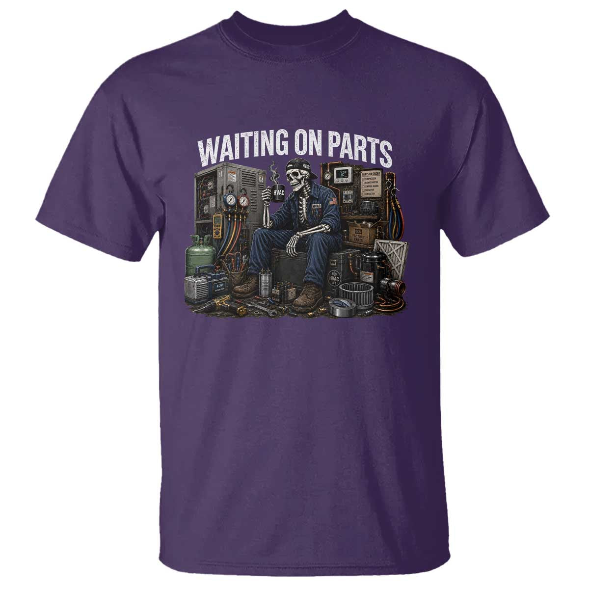 Waiting On Parts HVAC Tech Skeleton Funny Mechanic Graphic T Shirt