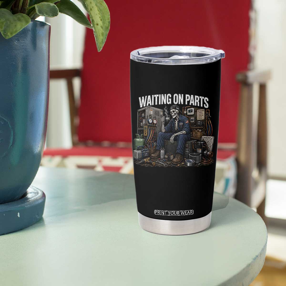 Waiting On Parts HVAC Tech Skeleton Funny Mechanic Graphic Tumbler Cup