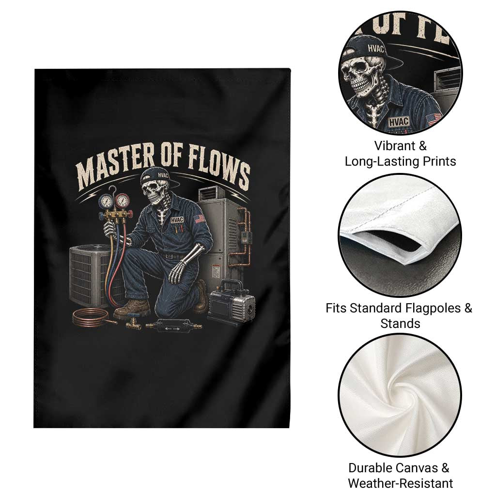 HVAC Tech Skeleton Mechanic Garden Flag Master Of Flows Vintage Distressed Graphic