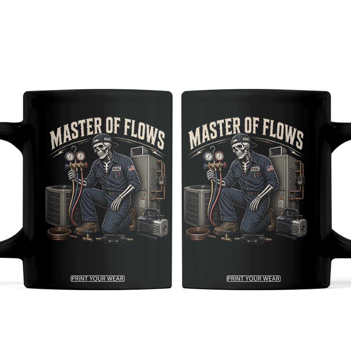 HVAC Tech Skeleton Mechanic Coffee Mug Master Of Flows Vintage Distressed Graphic