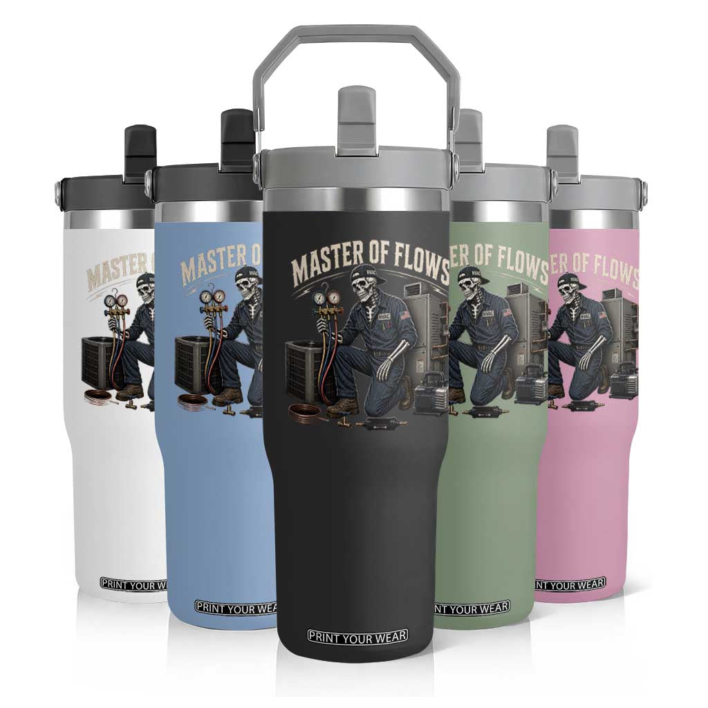 HVAC Tech Skeleton Mechanic Flip Straw Tumbler Master Of Flows Vintage Distressed Graphic