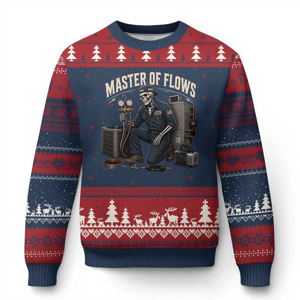 HVAC Tech Skeleton Mechanic Ugly Christmas Sweater Master Of Flows Vintage Distressed Graphic TS10 Navy Red Print Your Wear