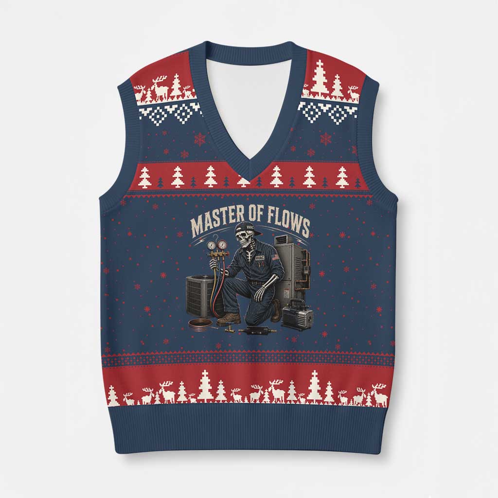 HVAC Tech Skeleton Mechanic V-Neck Knit Sweater Vest Master Of Flows Vintage Distressed Graphic