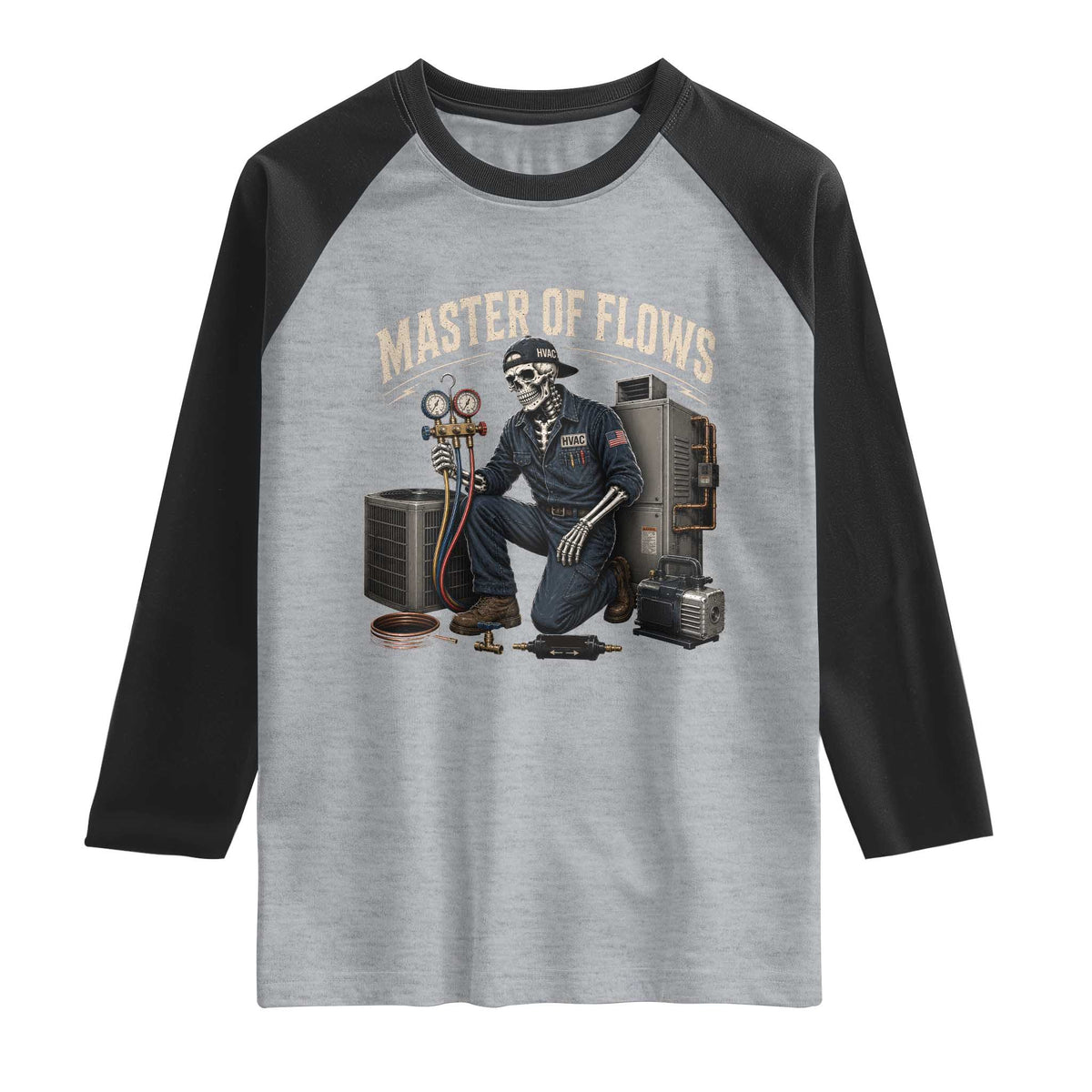 HVAC Tech Skeleton Mechanic Raglan Shirt Master Of Flows Vintage Distressed Graphic