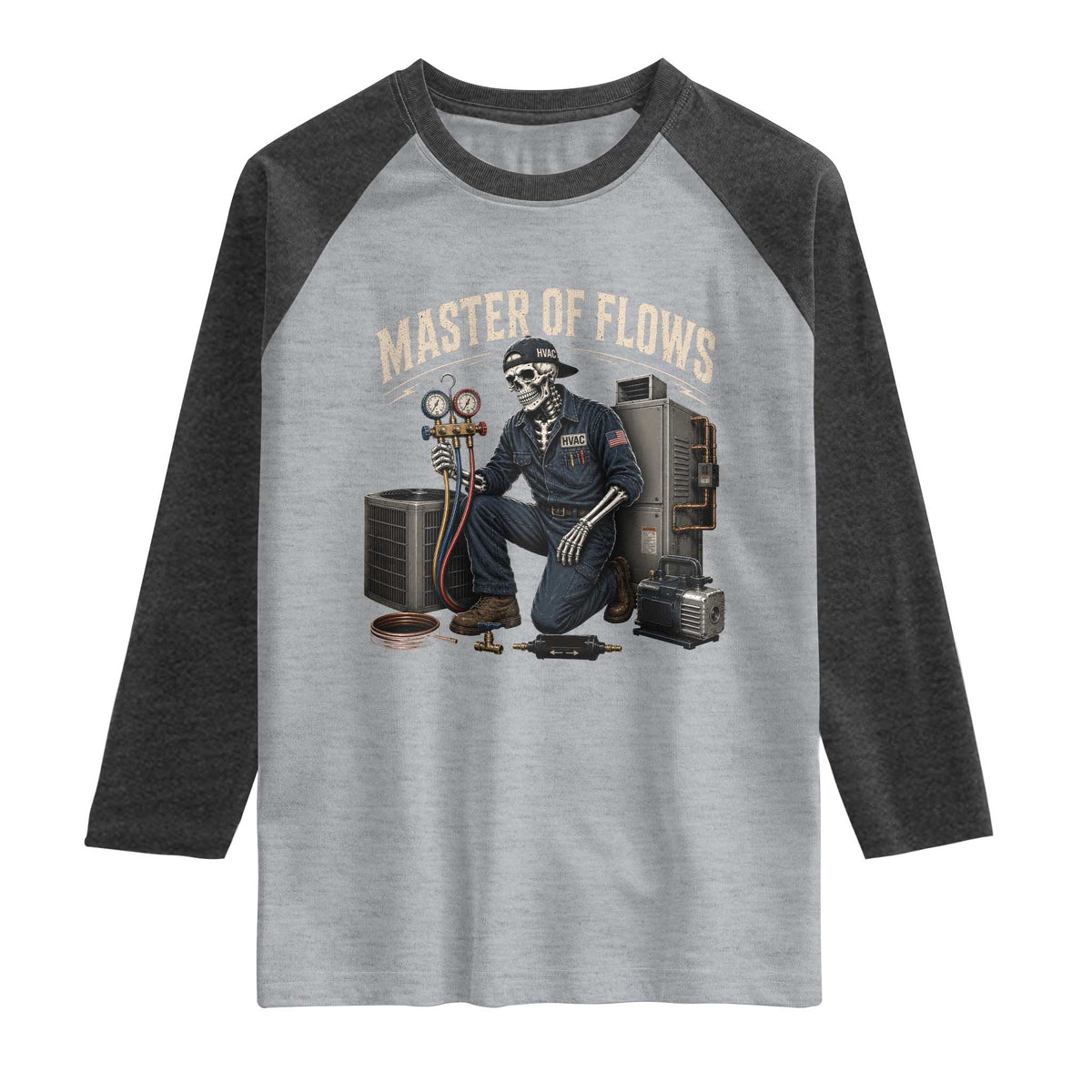 HVAC Tech Skeleton Mechanic Raglan Shirt Master Of Flows Vintage Distressed Graphic