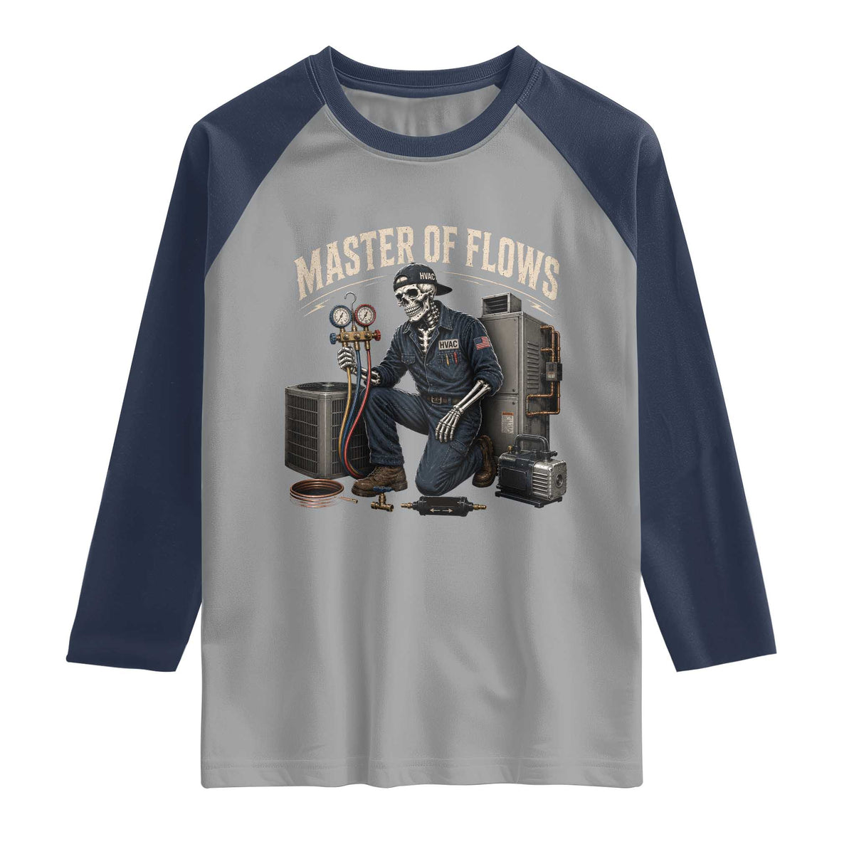 HVAC Tech Skeleton Mechanic Raglan Shirt Master Of Flows Vintage Distressed Graphic