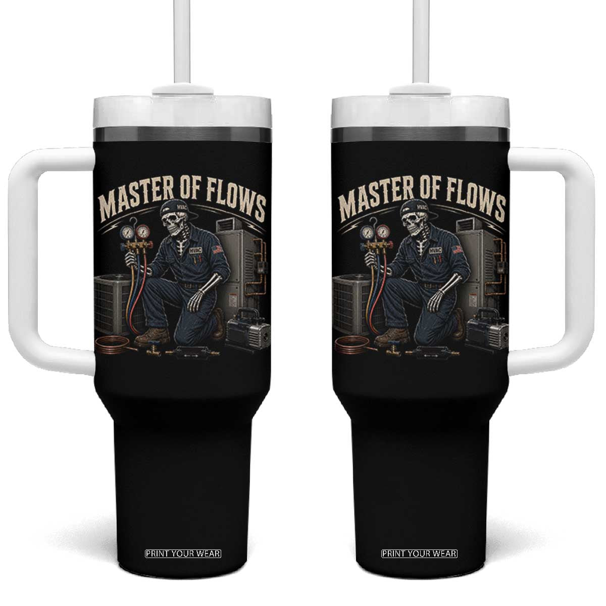 HVAC Tech Skeleton Mechanic Tumbler With Handle Master Of Flows Vintage Distressed Graphic TS10 One Size: 40 oz Black Print Your Wear