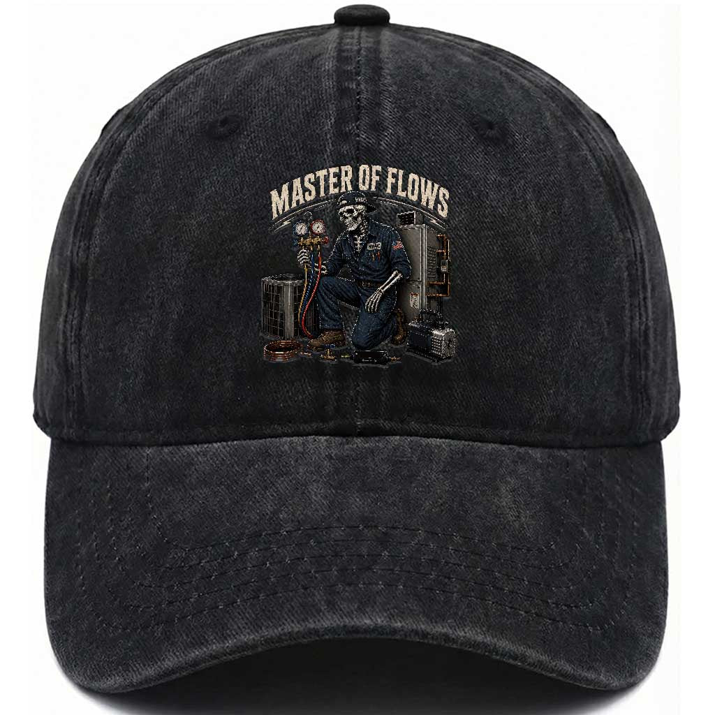 HVAC Tech Skeleton Mechanic Washed Cotton Baseball Cap Master Of Flows Vintage Distressed Graphic TS10 Print Your Wear