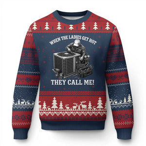 Funny HVAC Technician Graphic Ugly Christmas Sweater When The Ladies Get Hot They Call Me