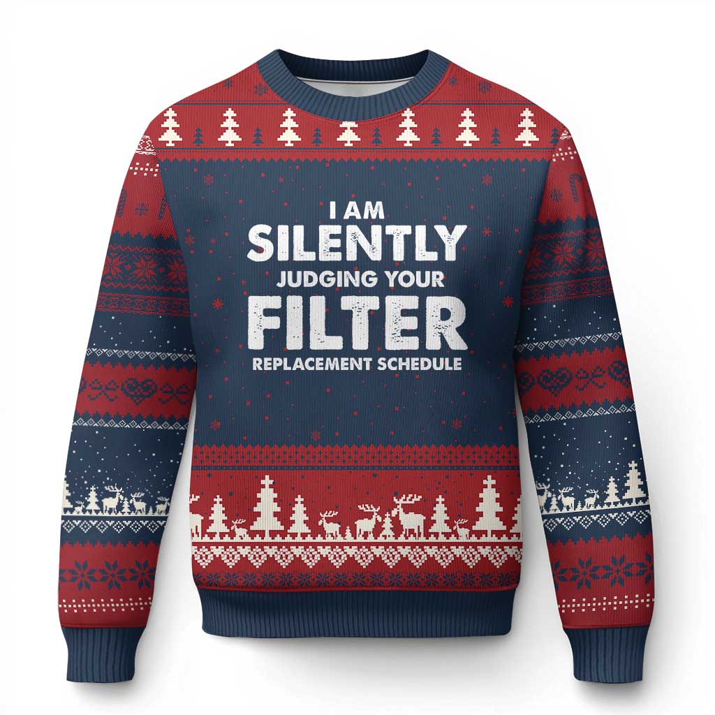 HVAC Tech Graphic Ugly Christmas Sweater I Am Silently Judging Your Filter Replacement Schedule TS10 Navy Red Print Your Wear