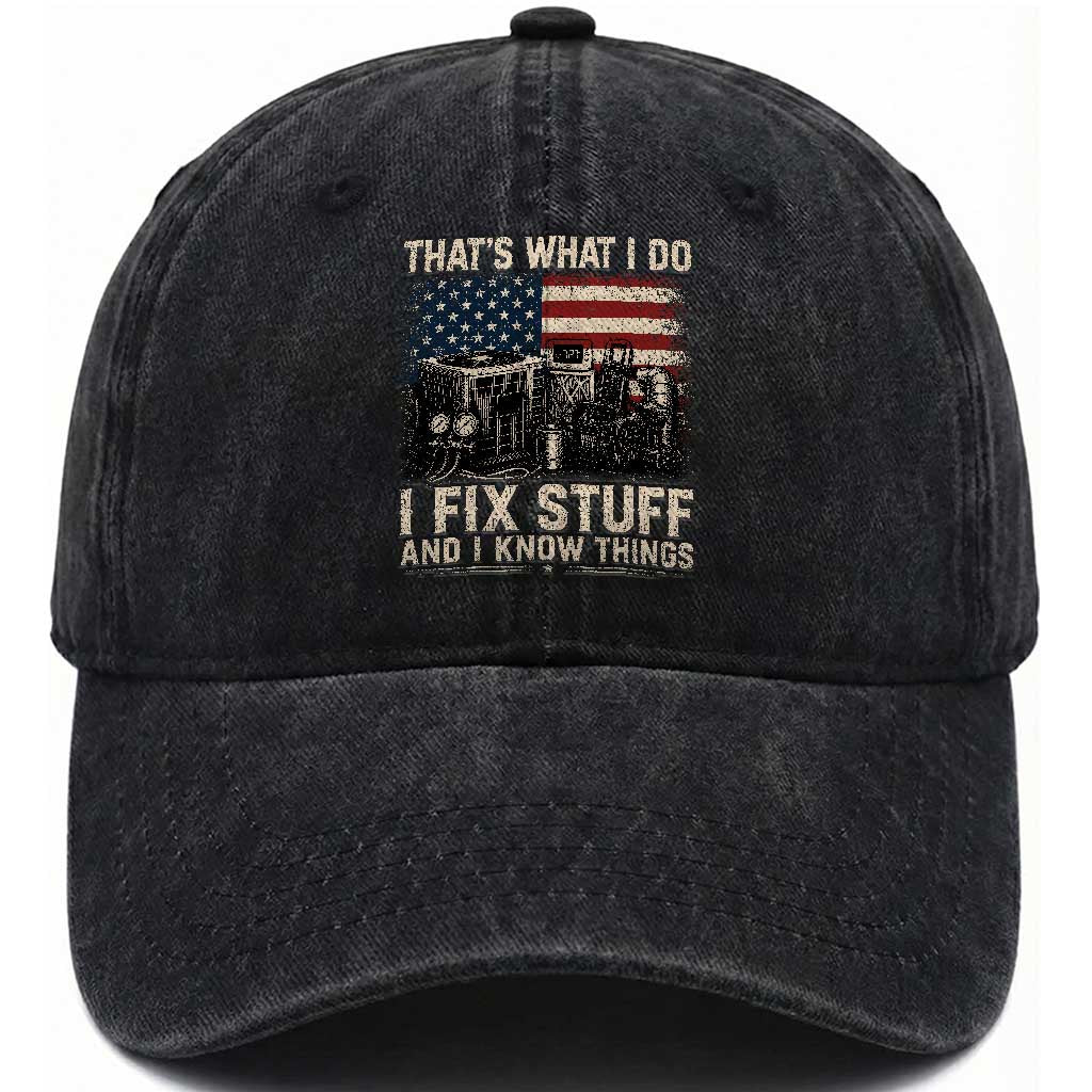 HVAC Technician American Flag Washed Cotton Baseball Cap I Fix Stuff And I Know Things American Flag TS10 Print Your Wear