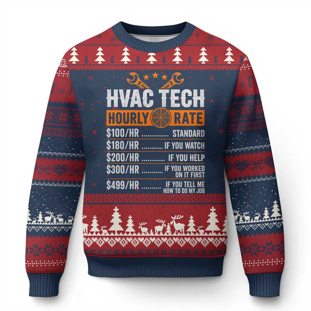 HVAC Tech Hourly Rate Ugly Christmas Sweater Funny Labor Pricing List Technician Quote Graphic TS10 Navy Red Print Your Wear