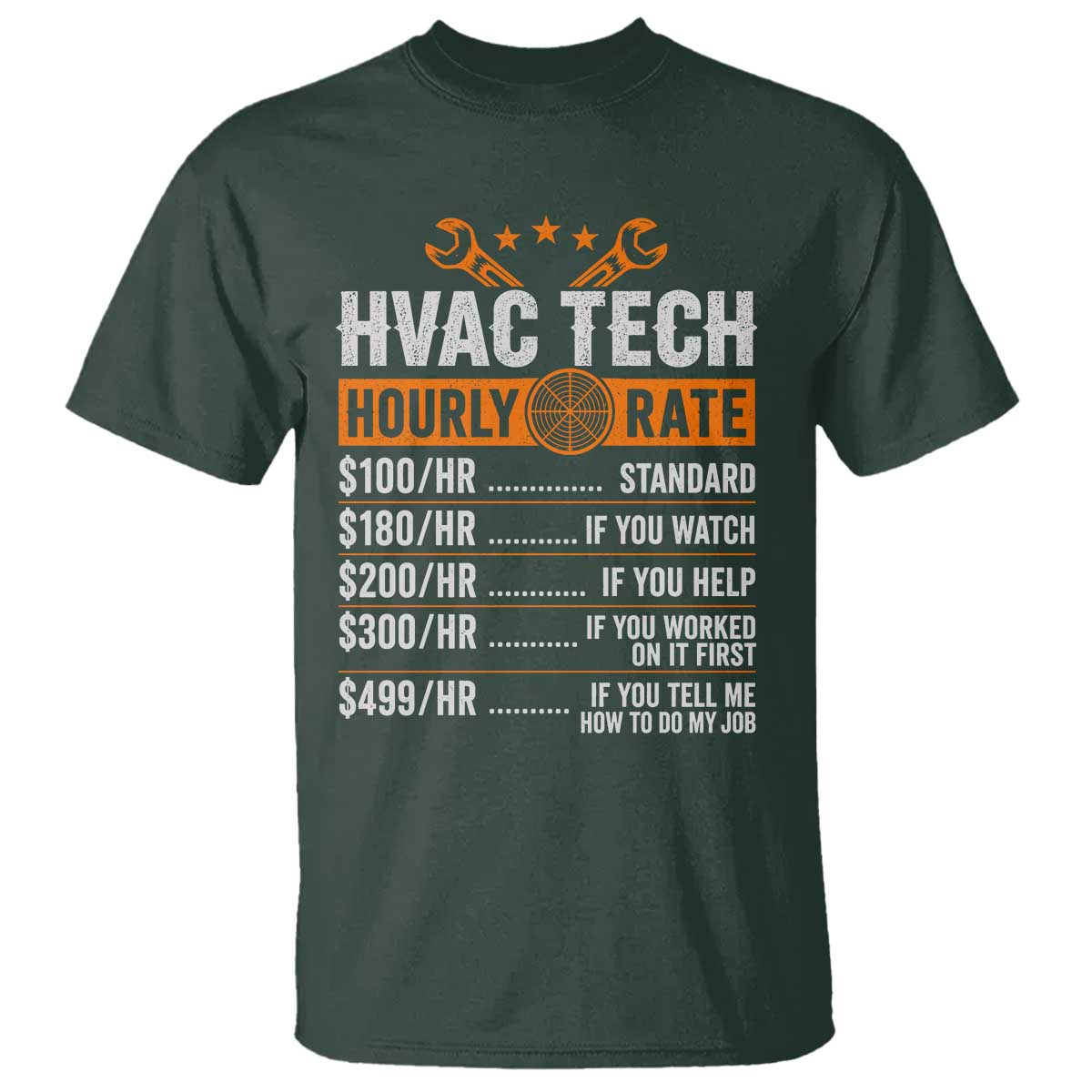 HVAC Tech Hourly Rate T Shirt Funny Labor Pricing List Technician Quote Graphic