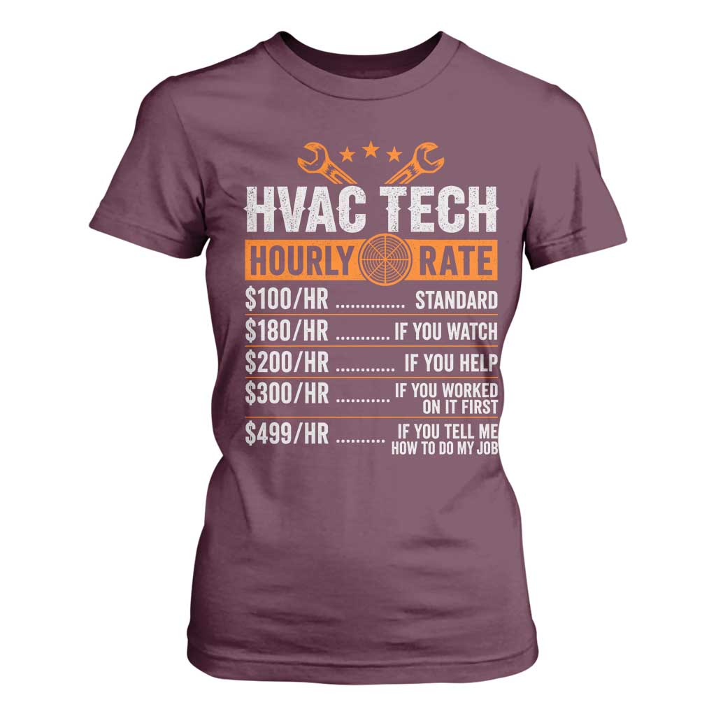 HVAC Tech Hourly Rate T Shirt For Women Funny Labor Pricing List Technician Quote Graphic