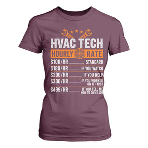 HVAC Tech Hourly Rate T Shirt For Women Funny Labor Pricing List Technician Quote Graphic
