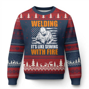 Welder Gifts for Men Ugly Christmas Sweater Welding Its Like Sewing With Fire American Flag