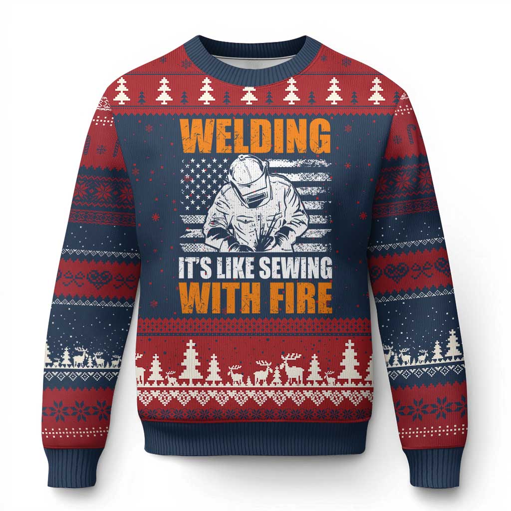Welder Gifts for Men Ugly Christmas Sweater Welding Its Like Sewing With Fire American Flag TS10 Navy Red Print Your Wear