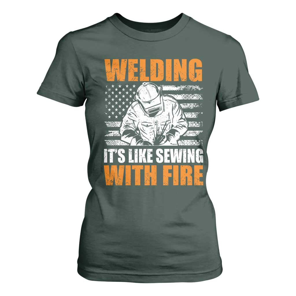 Welder Gifts for Men T Shirt For Women Welding Its Like Sewing With Fire American Flag