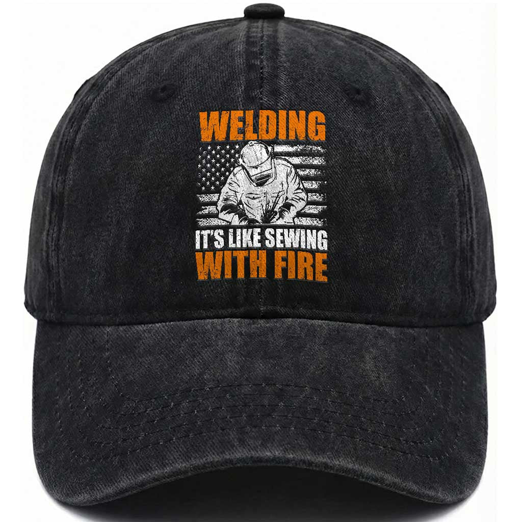 Welder Gifts for Men Washed Cotton Baseball Cap Welding Its Like Sewing With Fire American Flag TS10 Print Your Wear