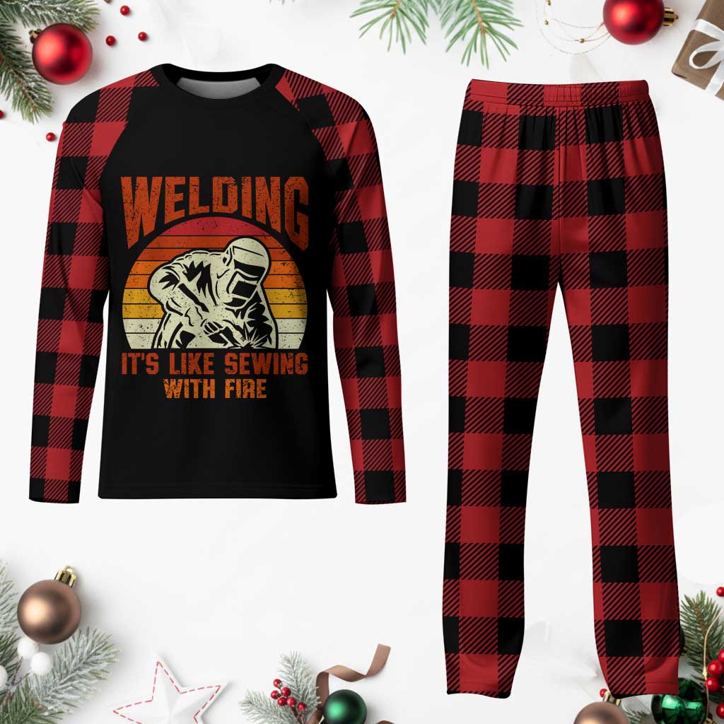 Funny Welder Plaid Pajama Set Welding It's Like Sewing With Fire Retro Graphic