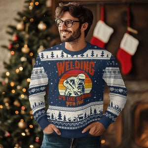 Funny Welder Ugly Christmas Sweater Welding It's Like Sewing With Fire Retro Graphic