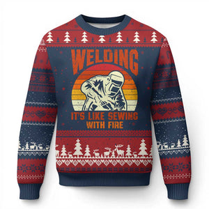 Funny Welder Ugly Christmas Sweater Welding It's Like Sewing With Fire Retro Graphic