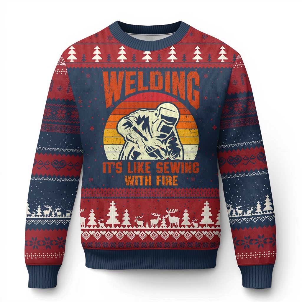 Funny Welder Ugly Christmas Sweater Welding It's Like Sewing With Fire Retro Graphic TS10 Navy Red Print Your Wear