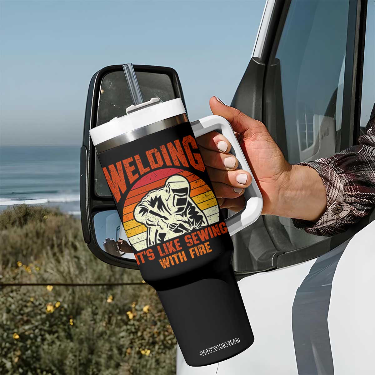 Funny Welder Tumbler With Handle Welding It's Like Sewing With Fire Retro Graphic