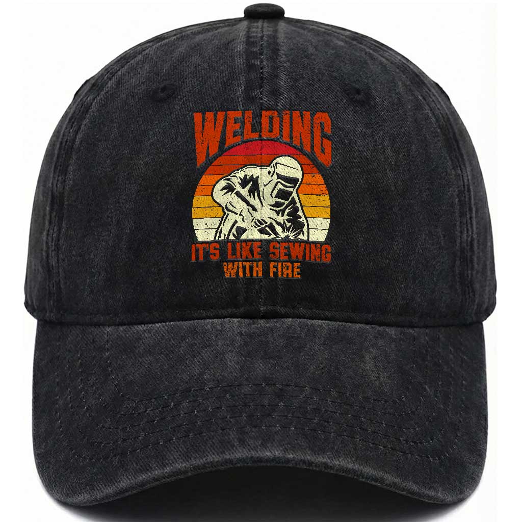 Funny Welder Washed Cotton Baseball Cap Welding It's Like Sewing With Fire Retro Graphic TS10 Print Your Wear