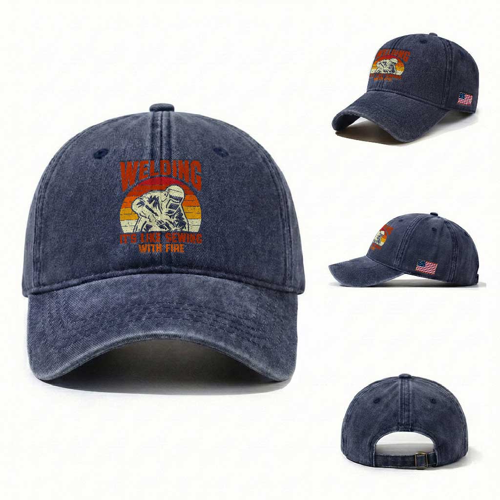 Funny Welder Washed Cotton Baseball Cap Welding It's Like Sewing With Fire Retro Graphic