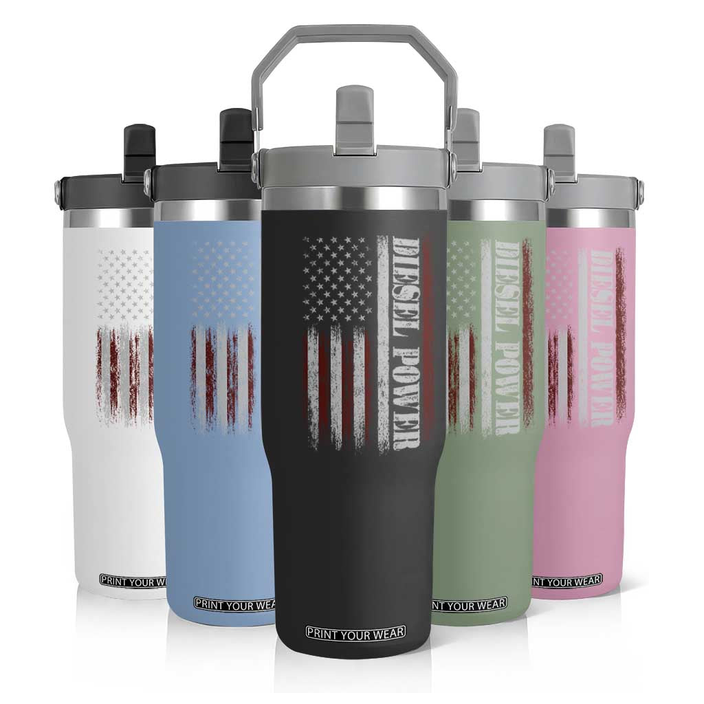 Vintage Distressed Mechanic Trucker Graphic Flip Straw Tumbler Diesel Power USA Flag