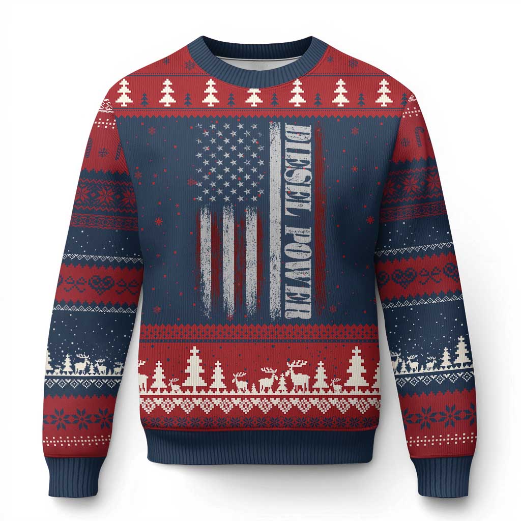 Vintage Distressed Mechanic Trucker Graphic Ugly Christmas Sweater Diesel Power USA Flag TS10 Navy Red Print Your Wear