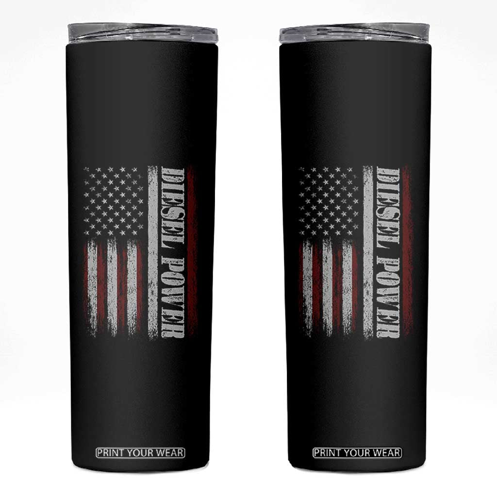 Vintage Distressed Mechanic Trucker Graphic Skinny Tumbler Diesel Power USA Flag