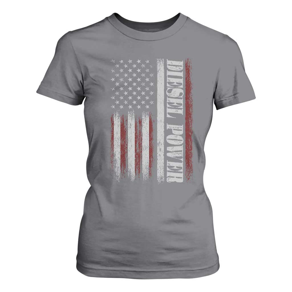 Vintage Distressed Mechanic Trucker Graphic T Shirt For Women Diesel Power USA Flag