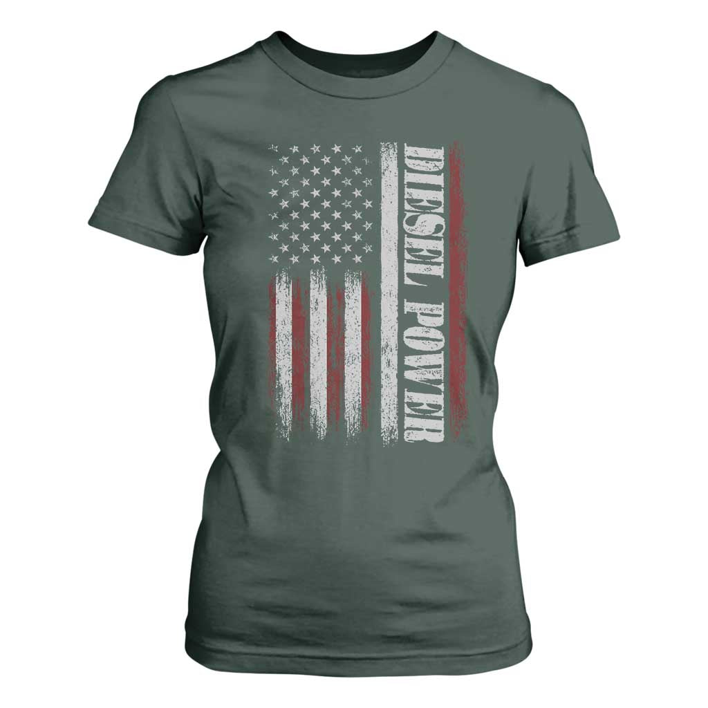Vintage Distressed Mechanic Trucker Graphic T Shirt For Women Diesel Power USA Flag