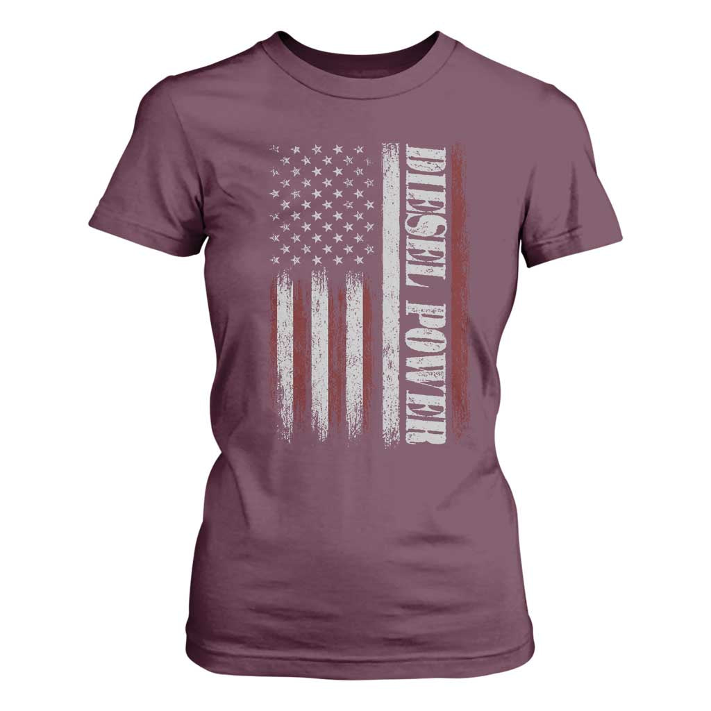 Vintage Distressed Mechanic Trucker Graphic T Shirt For Women Diesel Power USA Flag