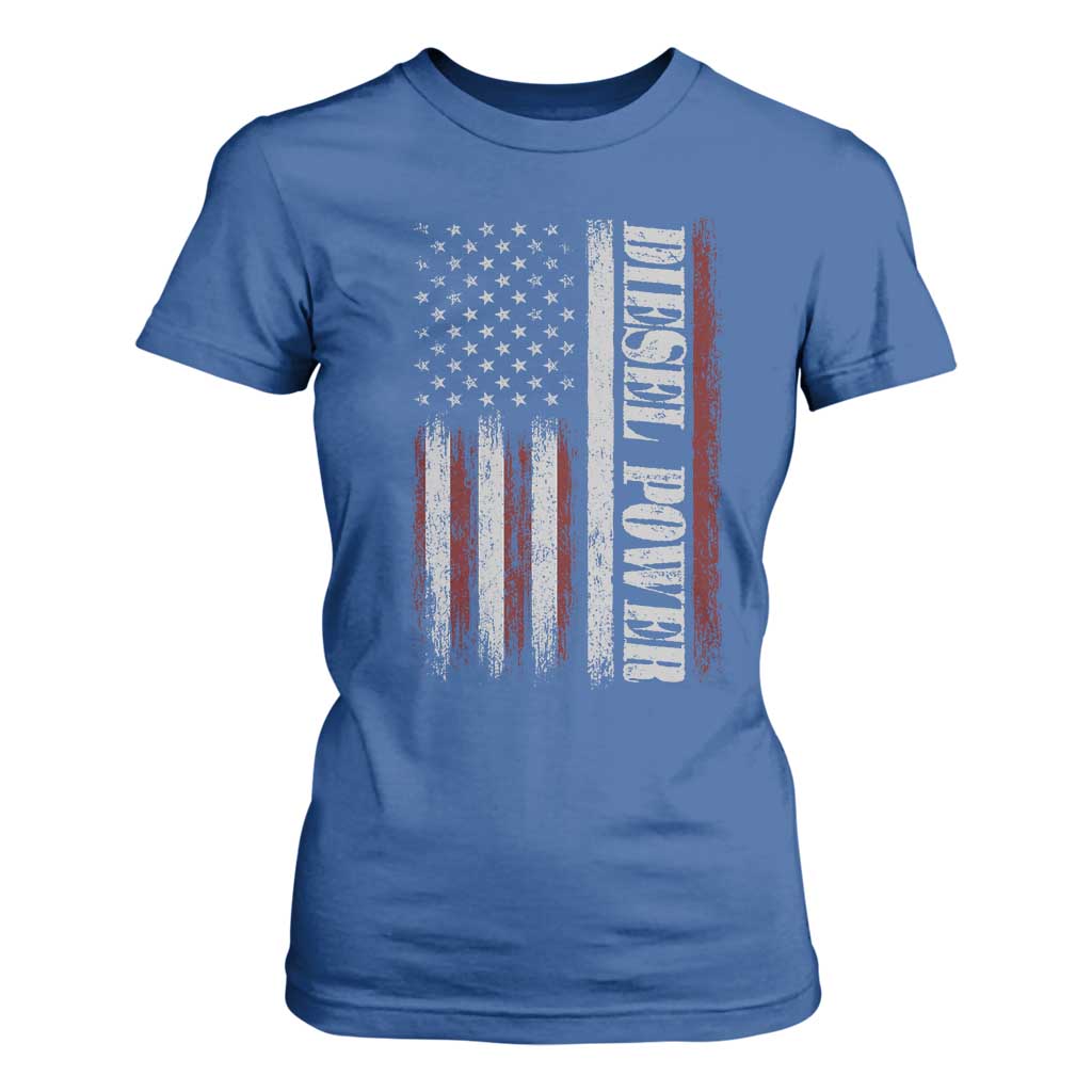 Vintage Distressed Mechanic Trucker Graphic T Shirt For Women Diesel Power USA Flag